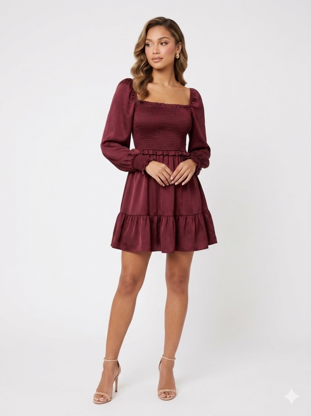 Reset Burgundy Smocked Puff Sleeve Mini Dress Cottagecore Ruffle Dress S